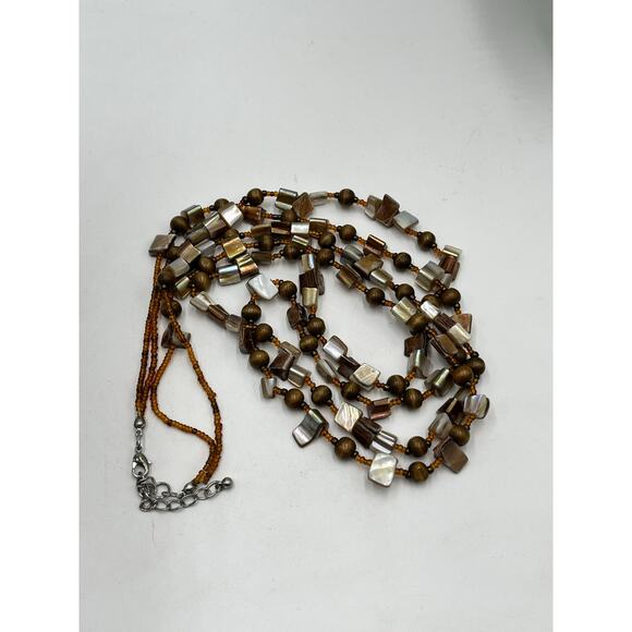 Vintage Boho Multi-Strand Wood Mother of Pearl Shell Bead Necklace Earth Tones - Picture 5 of 11